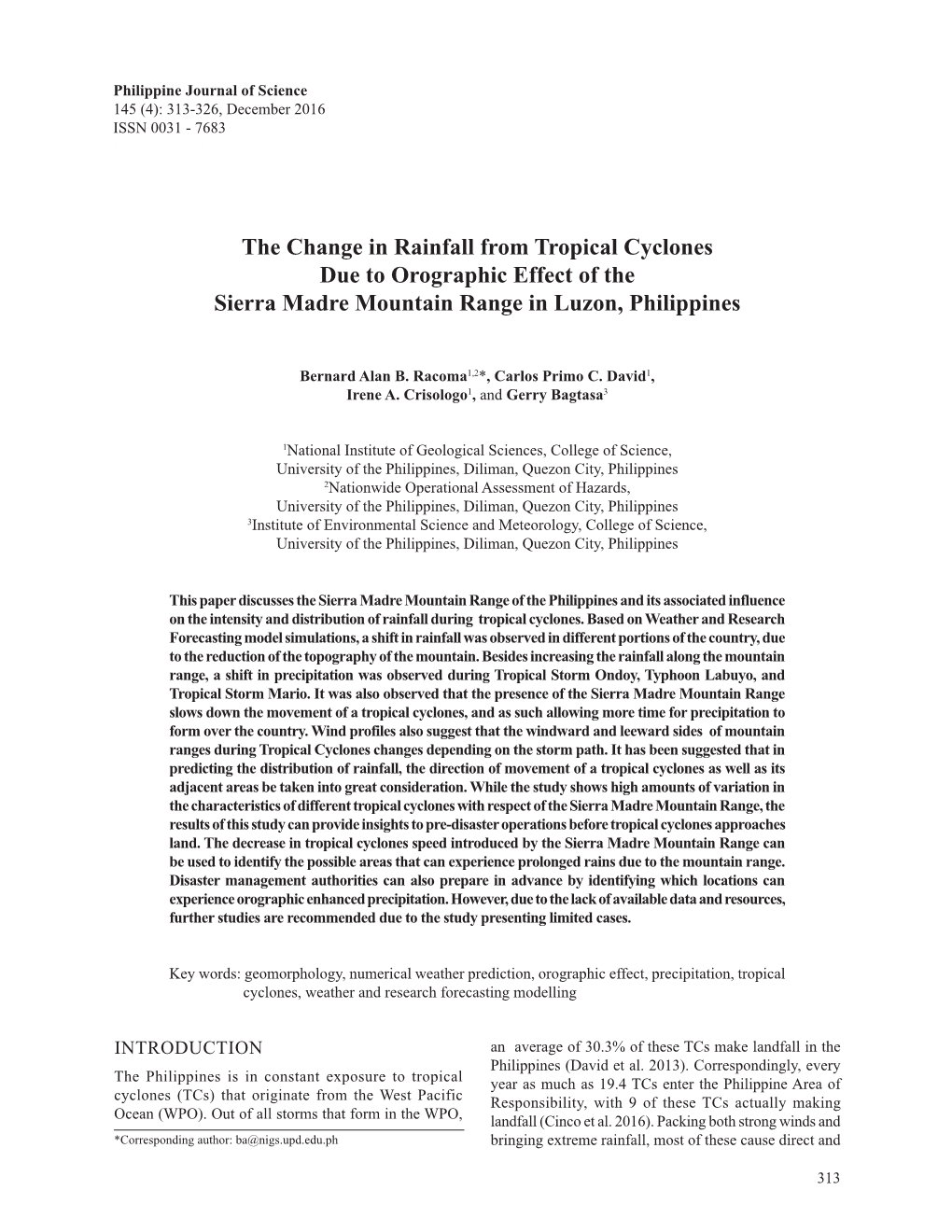 The Change in Rainfall from Tropical Cyclones Due to Orographic Effect of the Sierra Madre Mountain Range in Luzon, Philippines