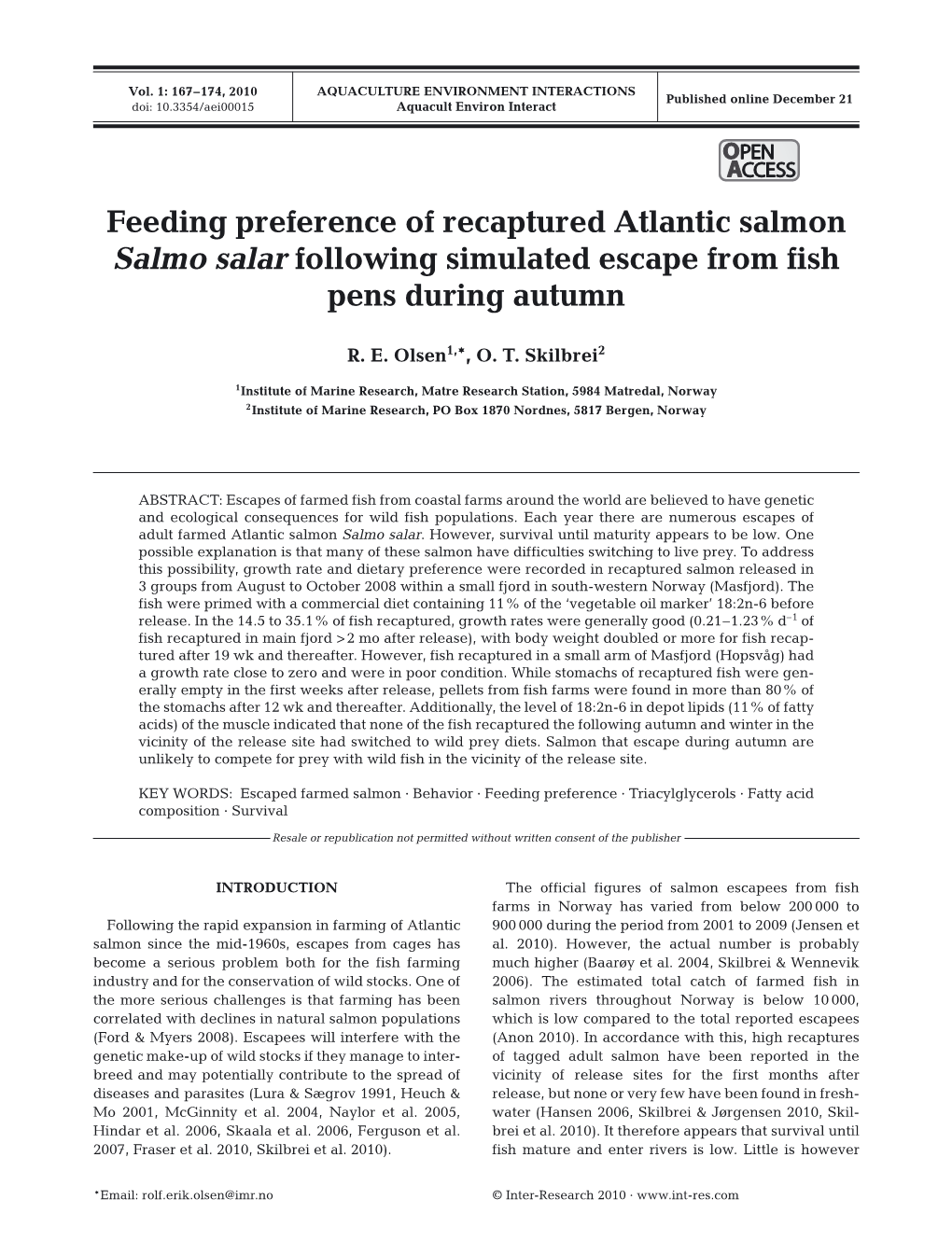 Feeding Preference of Recaptured Atlantic Salmon Salmo Salar Following Simulated Escape from Fish Pens During Autumn