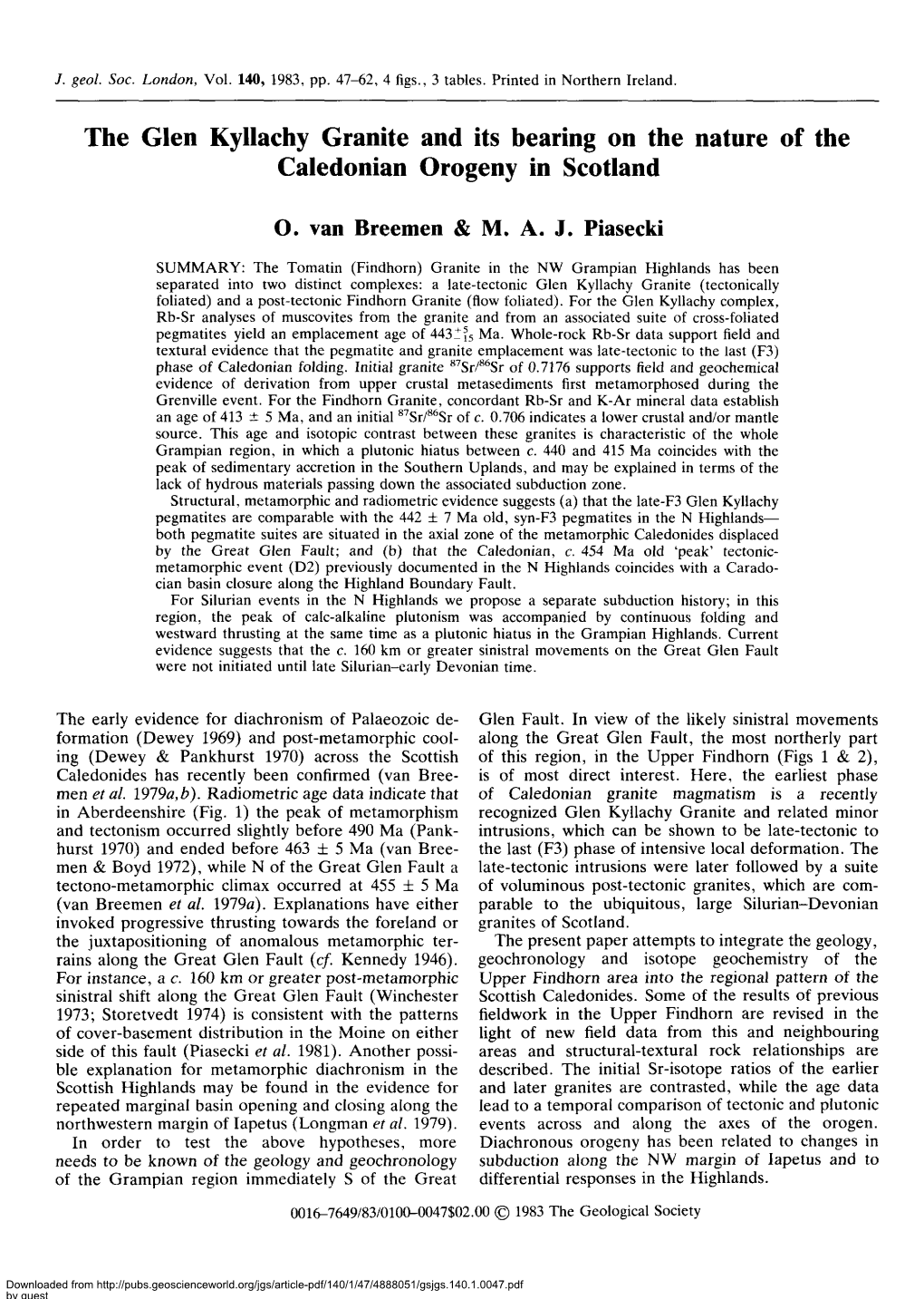 The Glen Kyllachy Granite and Its Bearing on the Nature of the Caledonian Orogeny in Scotland