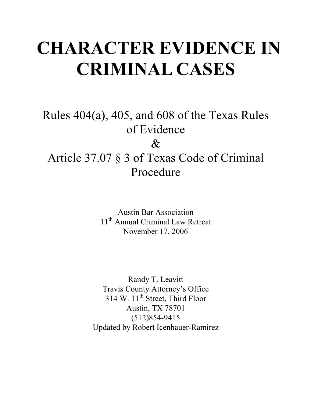 Character Evidence in Criminal Cases