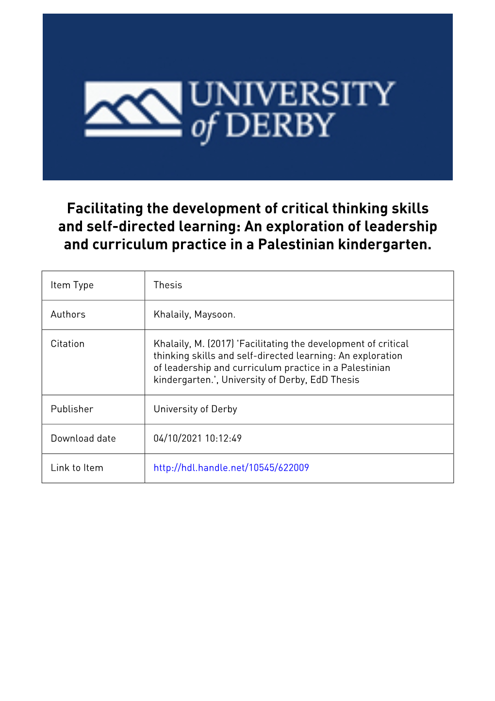 University of Derby, Edd Thesis