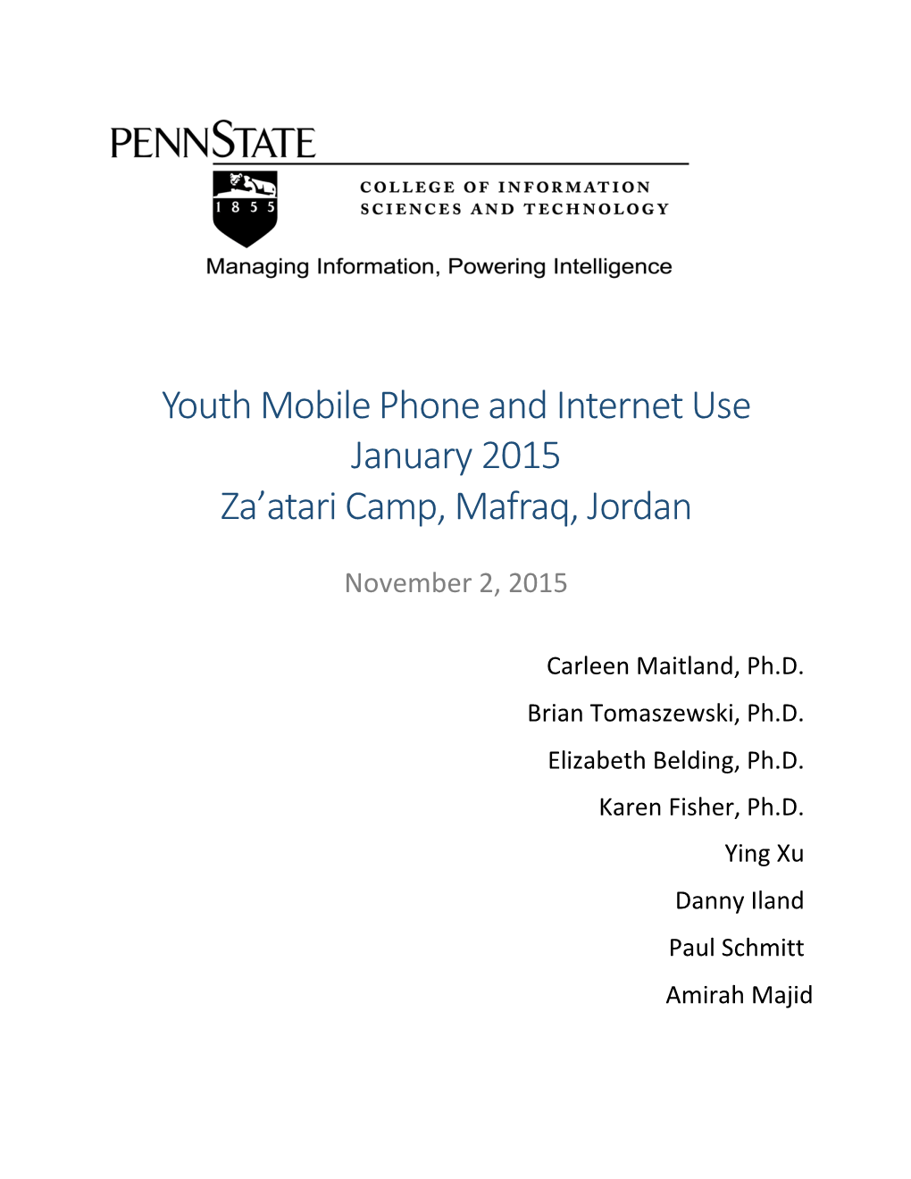 Youth Mobile Phone and Internet Use January 2015 Za'atari Camp