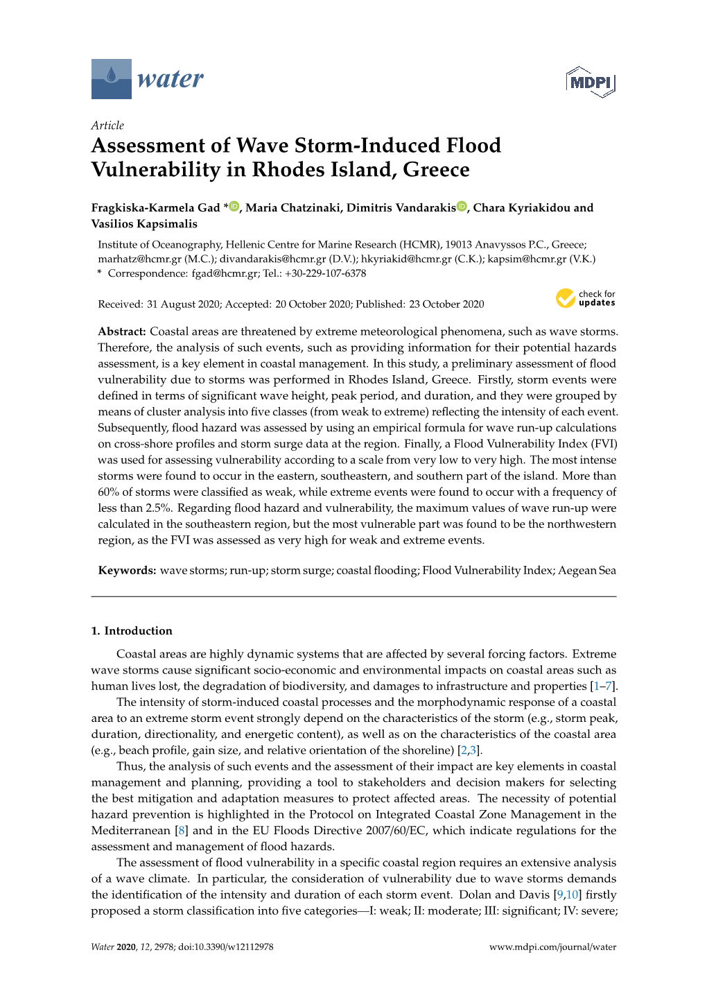 Assessment of Wave Storm-Induced Flood Vulnerability in Rhodes Island, Greece