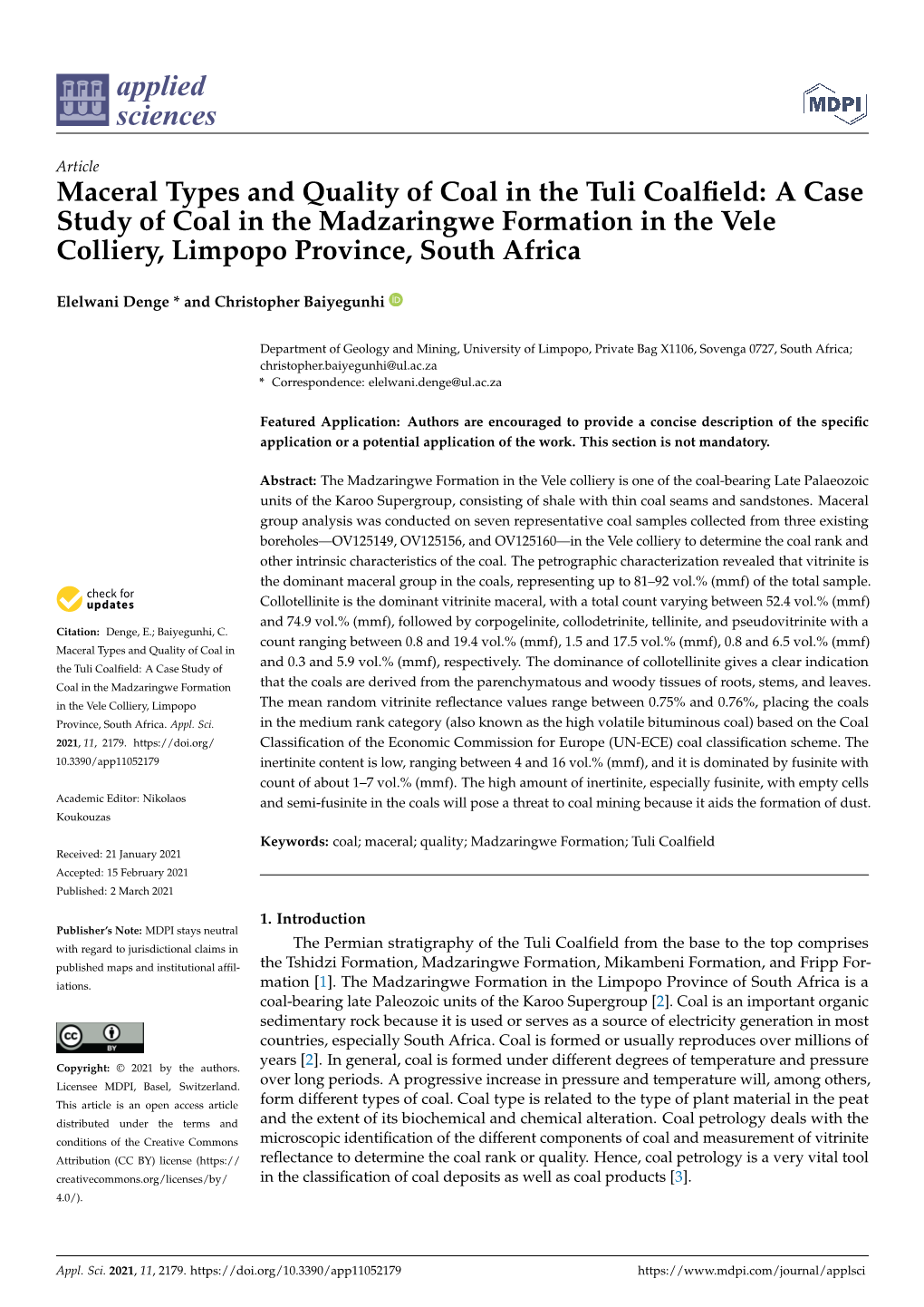 Maceral Types and Quality of Coal in the Tuli Coalfield: a Case