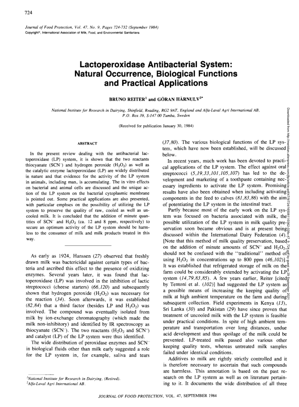 Lactoperoxidase Antibacterial System: Natural Occurrence, Biological Functions and Practical Applications