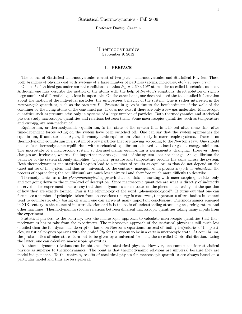 Statistical Thermodynamics - Fall 2009