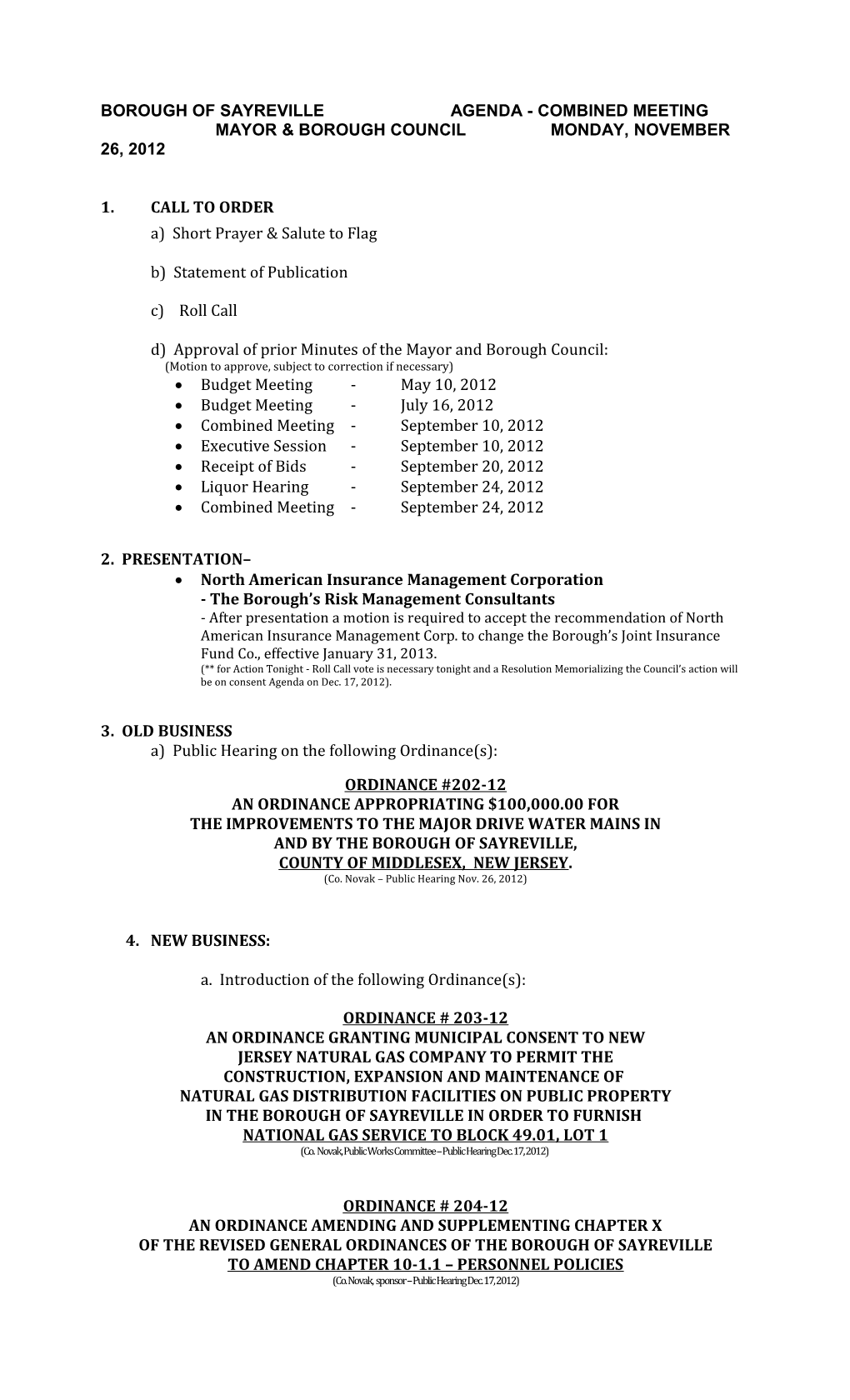 Borough of Sayreville Agenda - Combined Meeting Mayor & Borough Council Monday, November