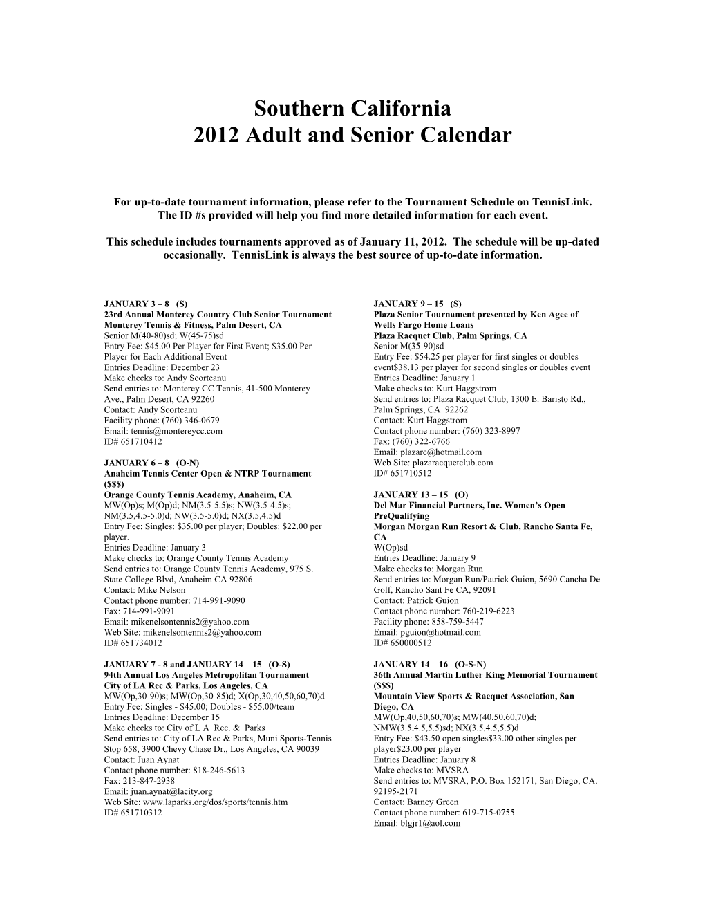 Southern California 2012 Adult and Senior Calendar