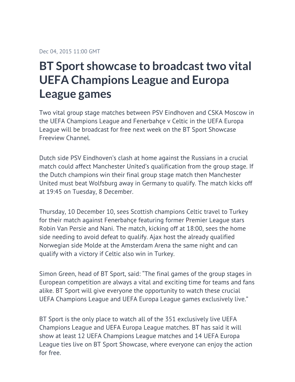 BT Sport Showcase to Broadcast Two Vital UEFA Champions League and Europa League Games