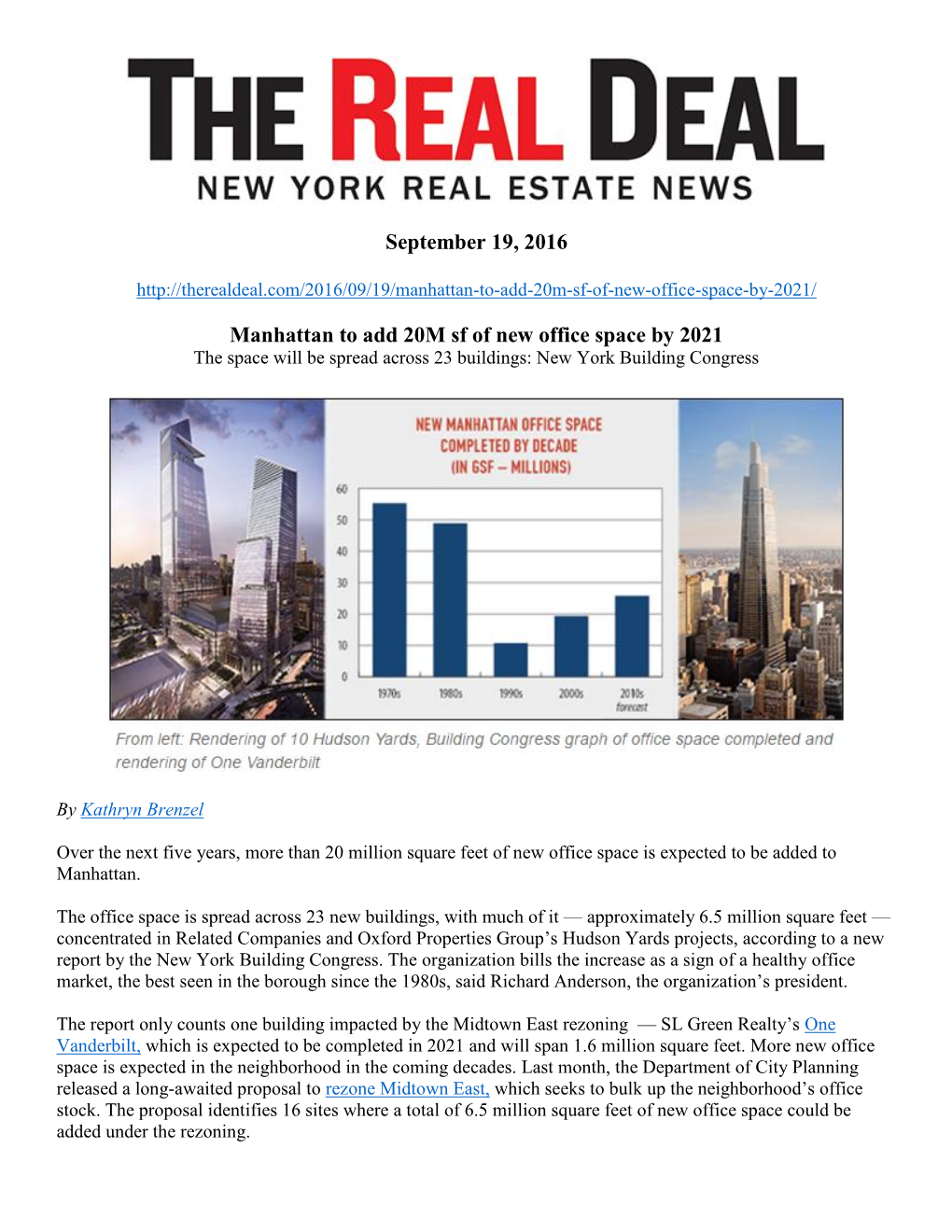 September 19, 2016 Manhattan to Add 20M Sf of New Office Space By