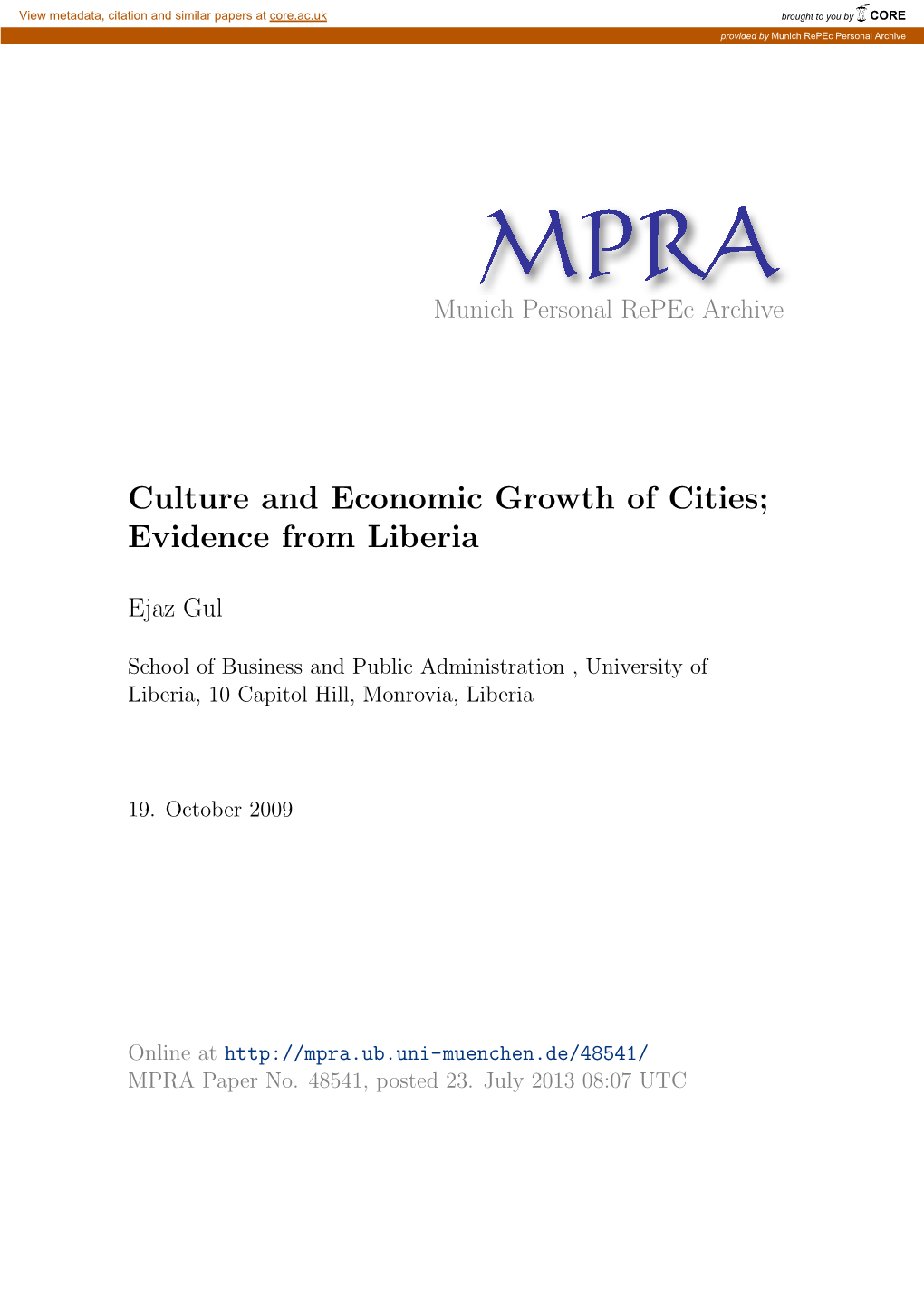 Culture and Economic Growth of Cities; Evidence from Liberia