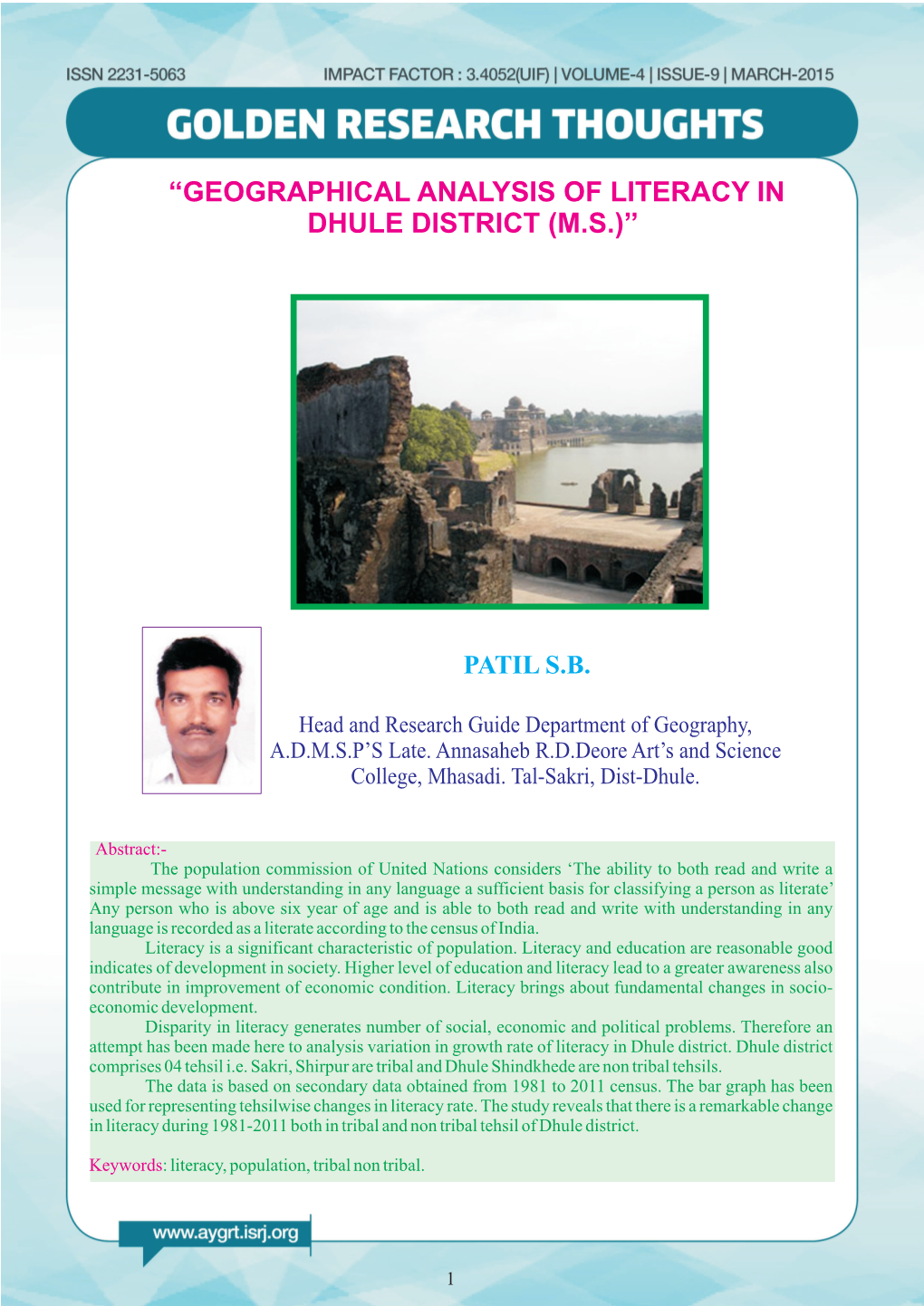 Geographical Analysis of Literacy in Dhule District (Ms)