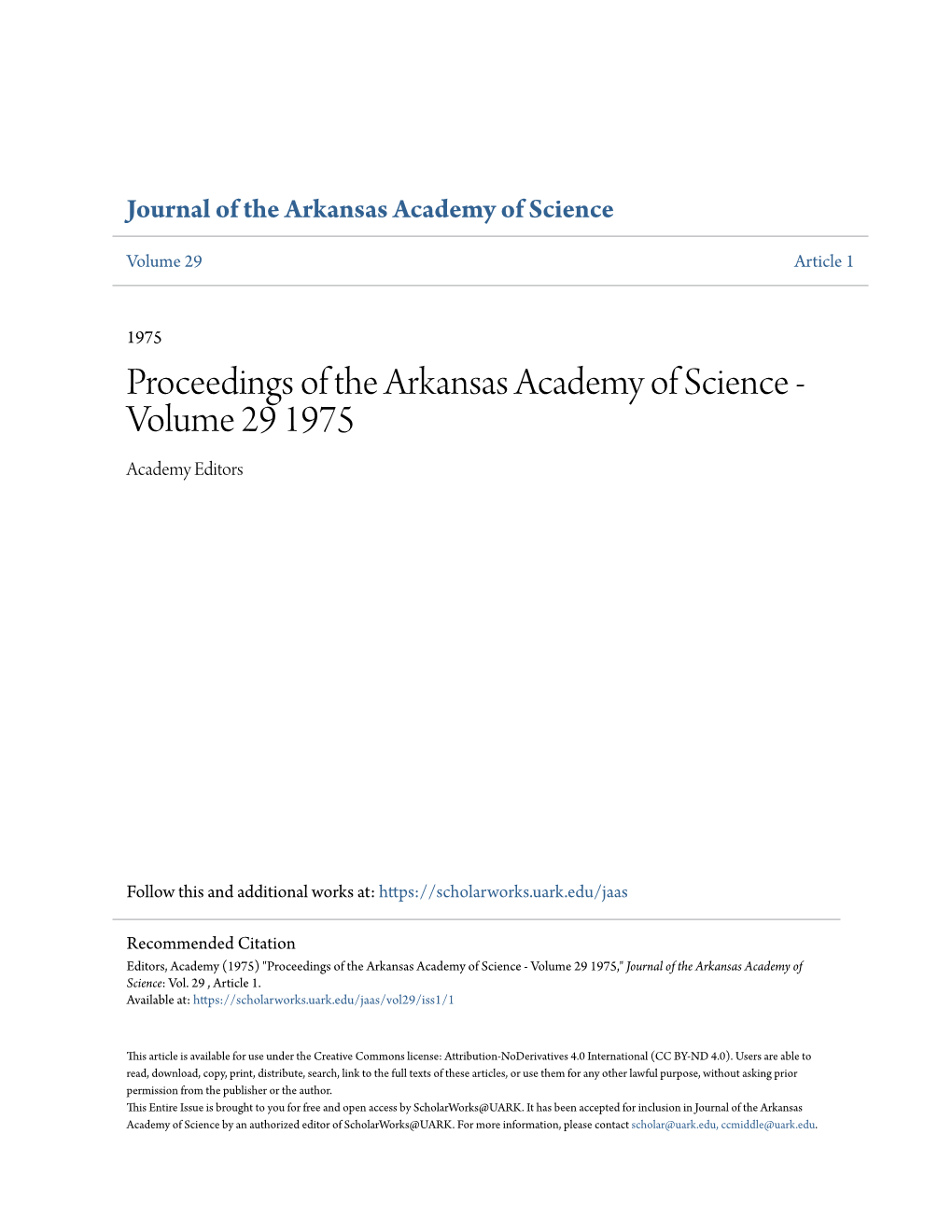Proceedings of the Arkansas Academy of Science - Volume 29 1975 Academy Editors