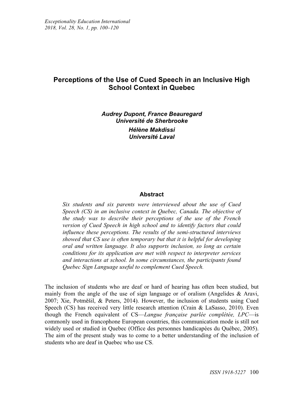 Perceptions of the Use of Cued Speech in an Inclusive High School Context in Quebec