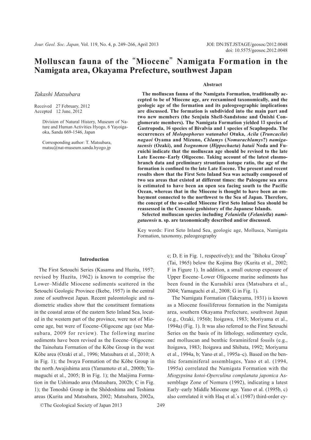 Molluscan Fauna of The“ Miocene” Namigata Formation in the Namigata Area, Okayama Prefecture, Southwest Japan