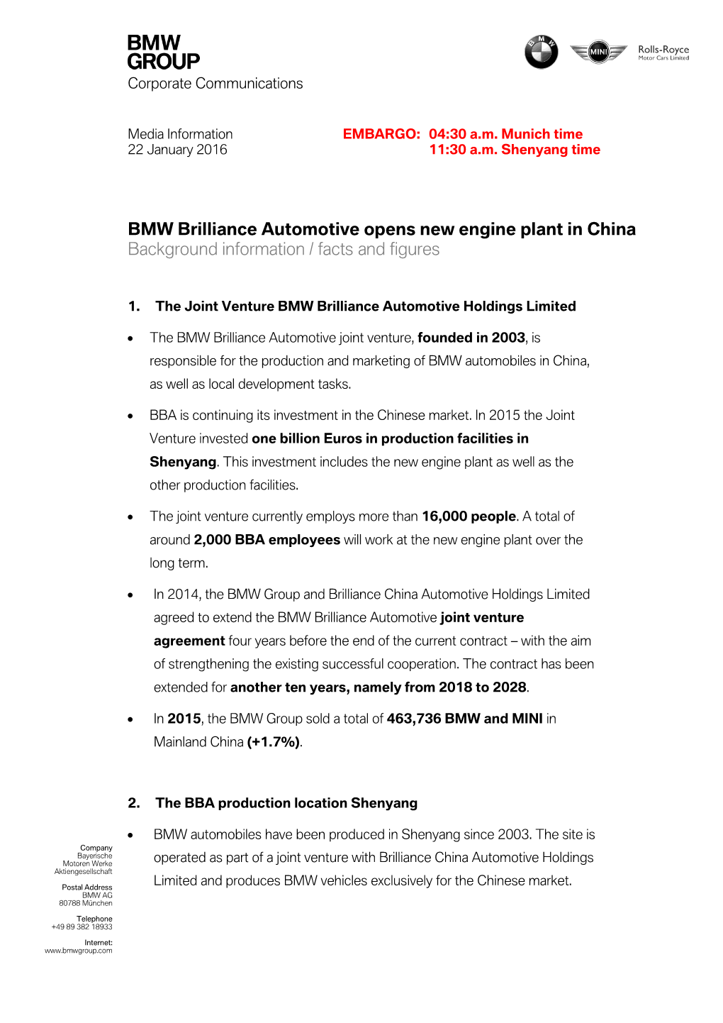 BMW Brilliance Automotive Opens New Engine Plant in China Background Information / Facts and Figures