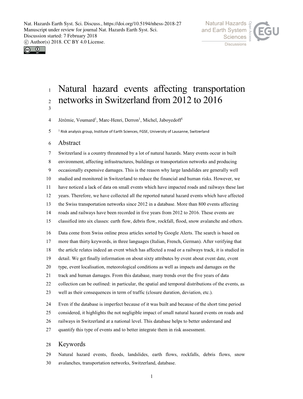 Natural Hazard Events Affecting Transportation Networks In