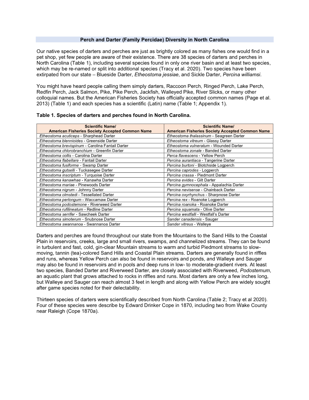Perch and Darter (Family Percidae) Diversity in North Carolina