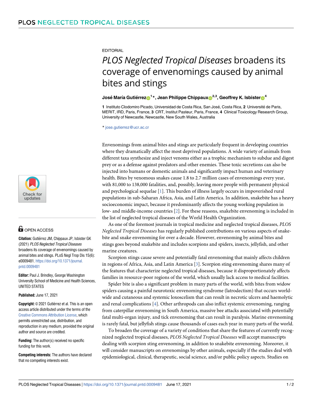 PLOS Neglected Tropical Diseases Broadens Its Coverage of Envenomings Caused by Animal Bites and Stings