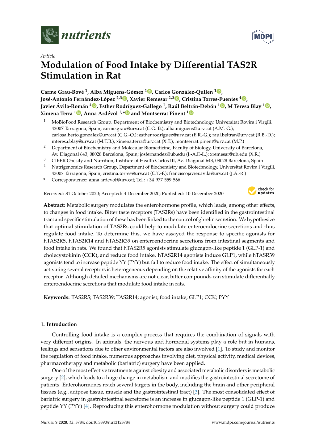 Modulation of Food Intake by Differential TAS2R Stimulation In