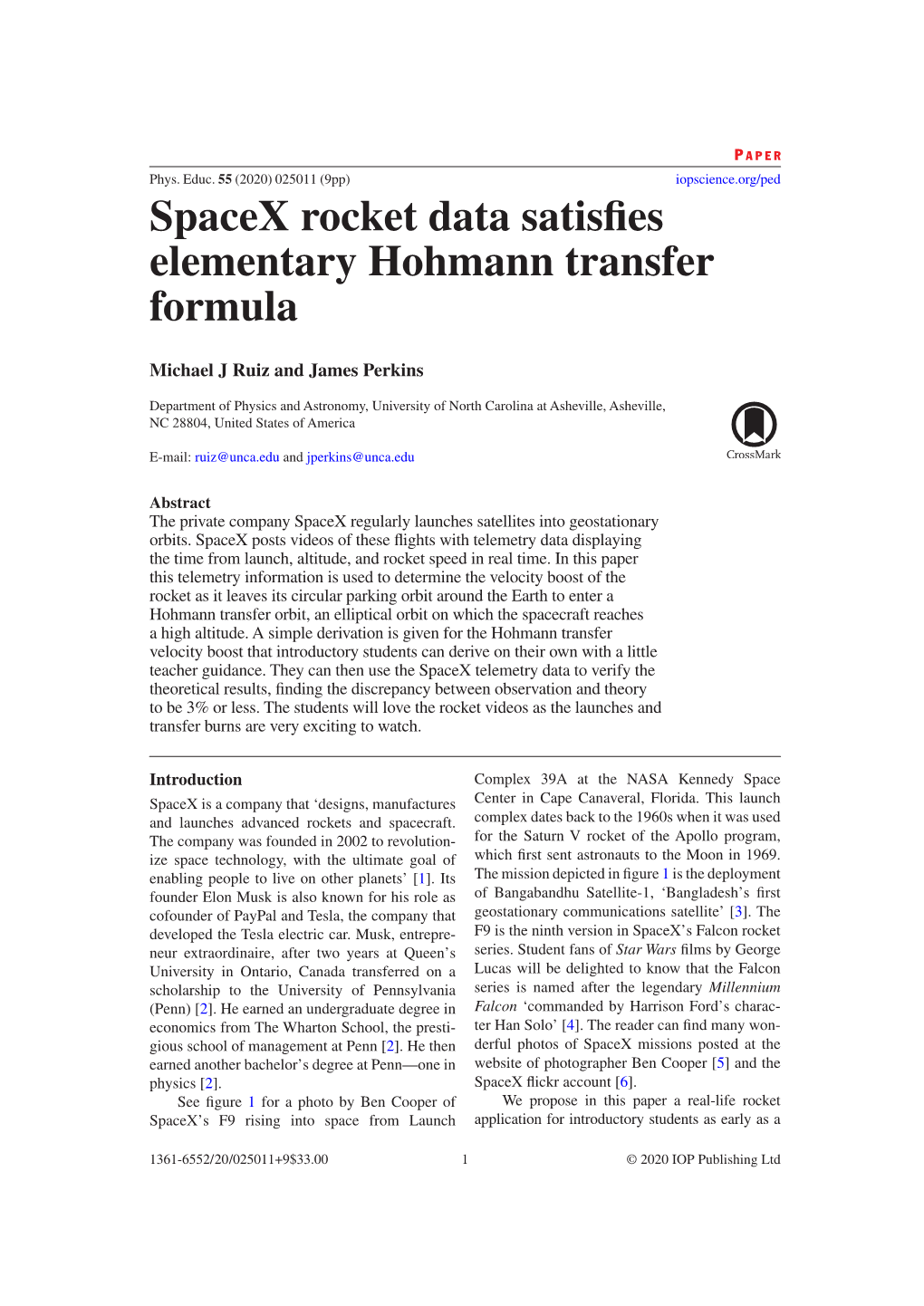 Spacex Rocket Data Satisfies Elementary Hohmann Transfer Formula E-Mail: Ruiz@Unca.Edu and Jperkins@Unca.Edu