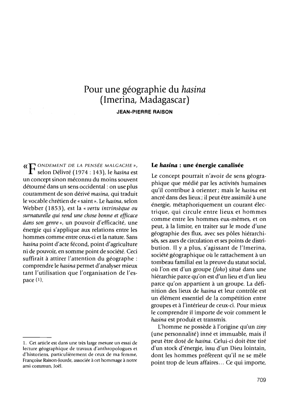 Pour Une Géographie Du Hasina (Imerina, Madagascar) JEAN-PIERRE RAISON