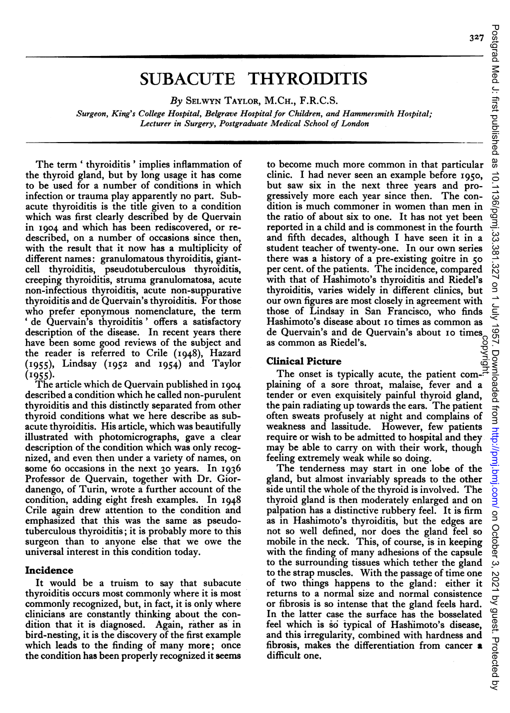 SUBACUTE THYROIDITIS by SELWYN TAYLOR, M.CH., F.R.C.S