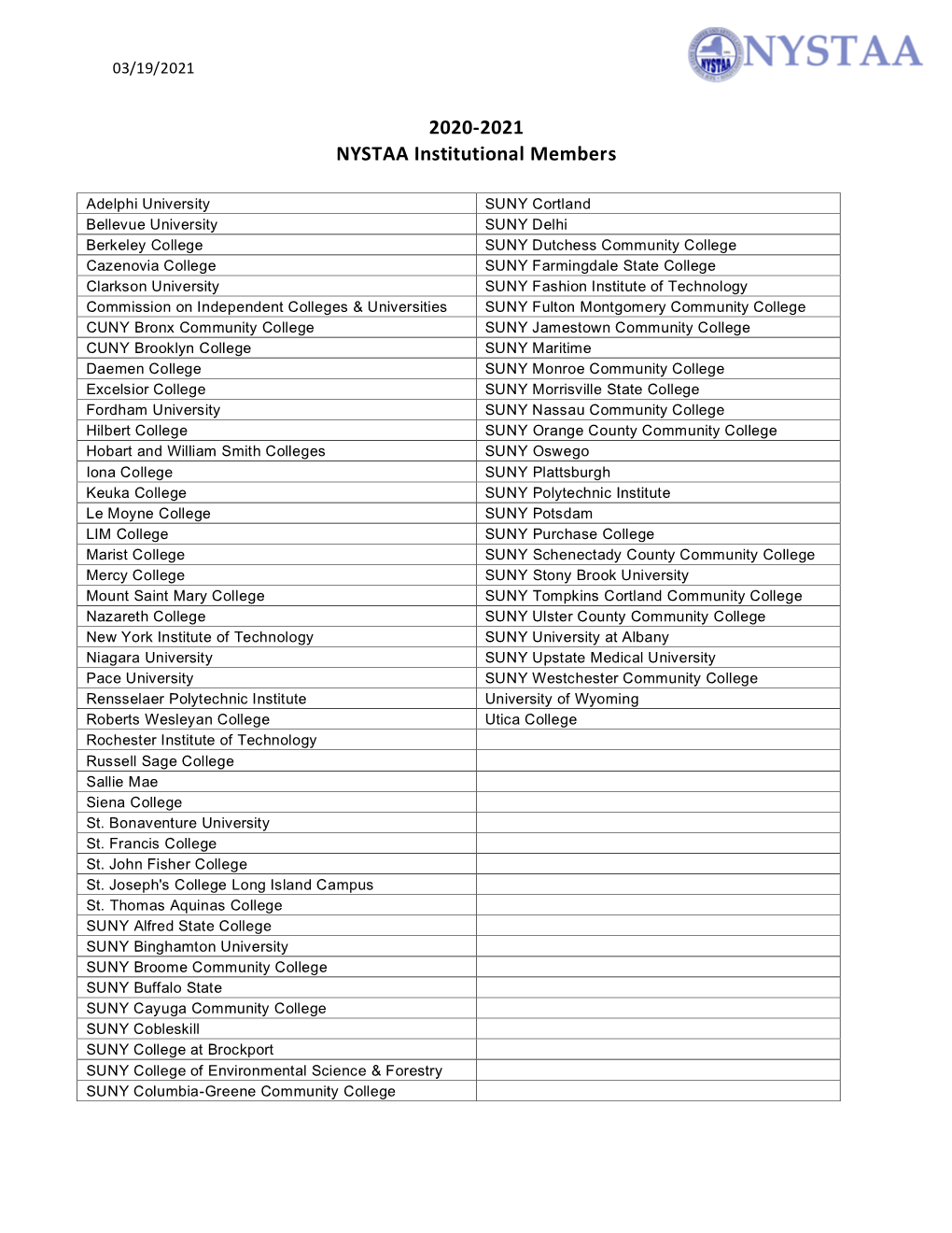 2020-2021 NYSTAA Institutional Members