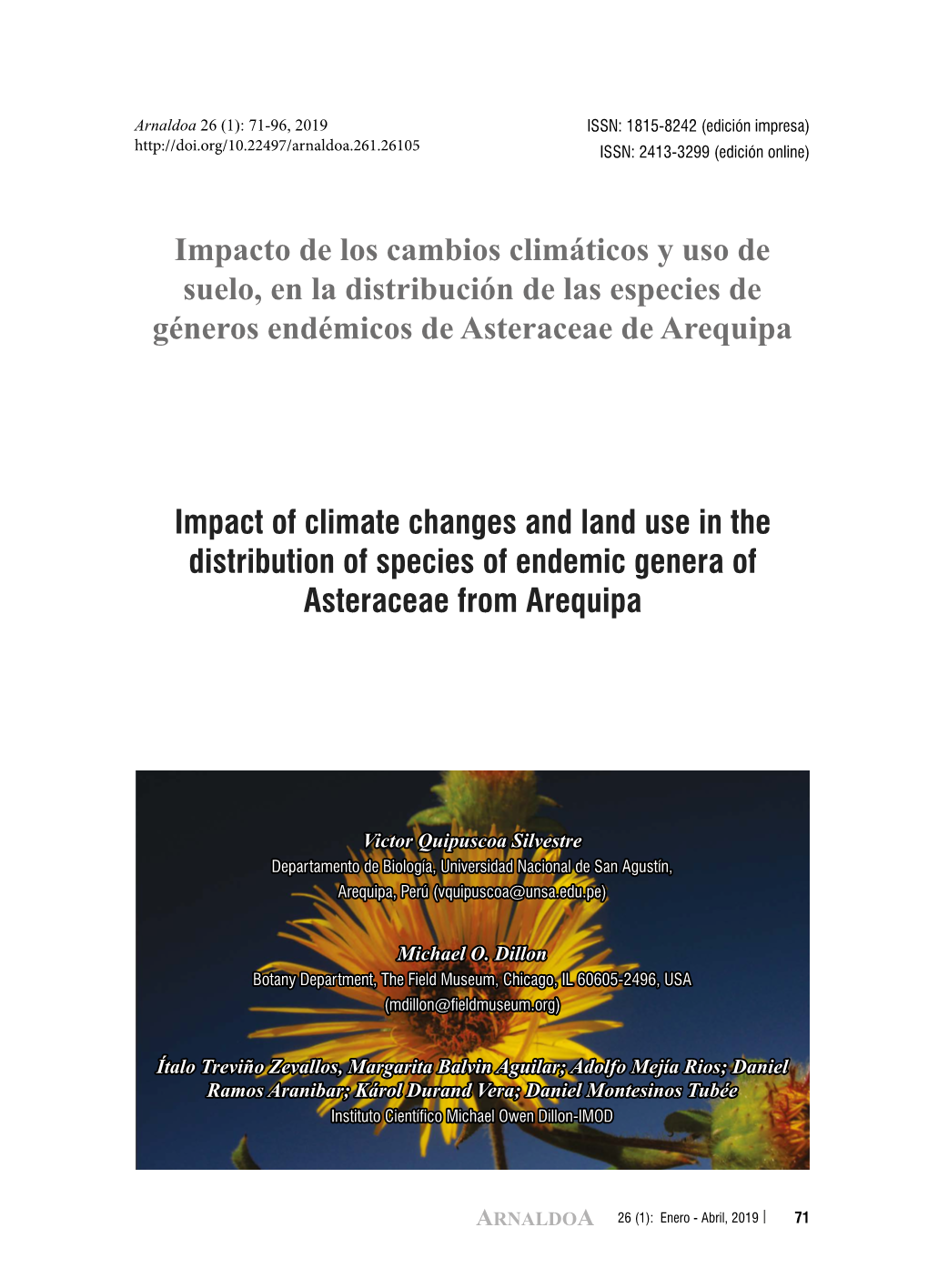 Impacto De Los Cambios Climáticos Y Uso De Suelo, En La Distribución De Las Especies De Géneros Endémicos De Asteraceae De Arequipa