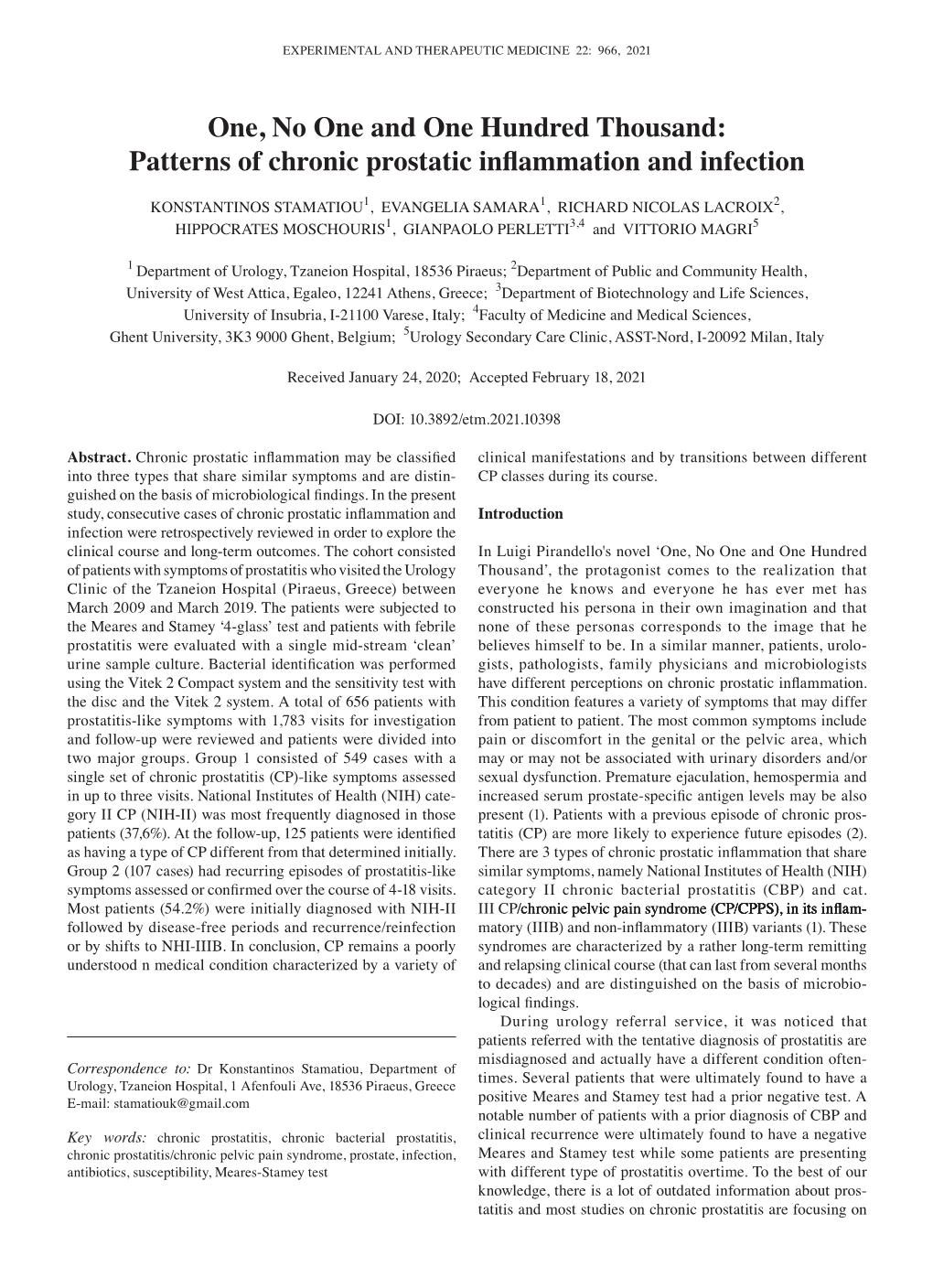 Patterns of Chronic Prostatic Inflammation and Infection