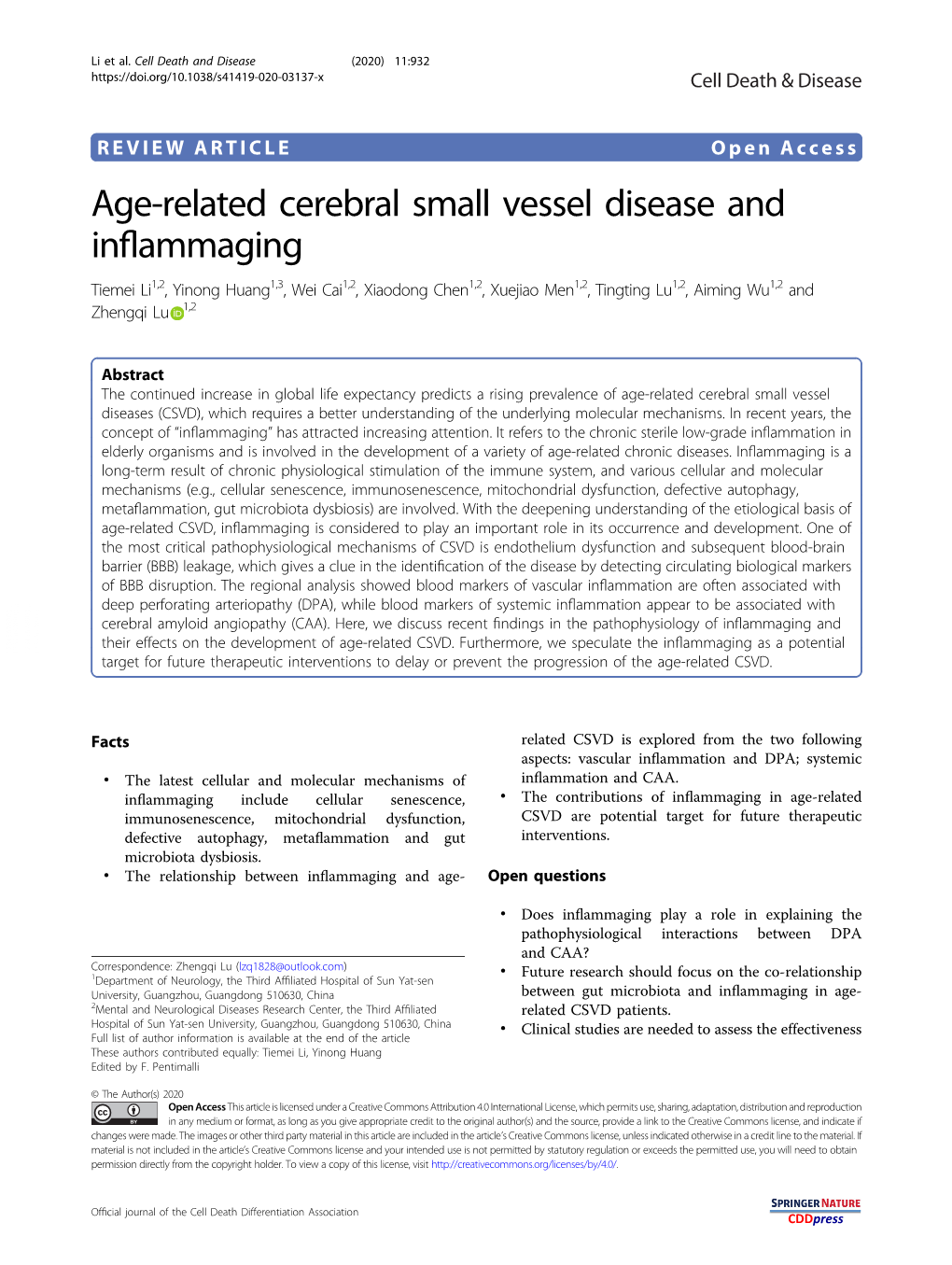 Age-Related Cerebral Small Vessel Disease and Inflammaging