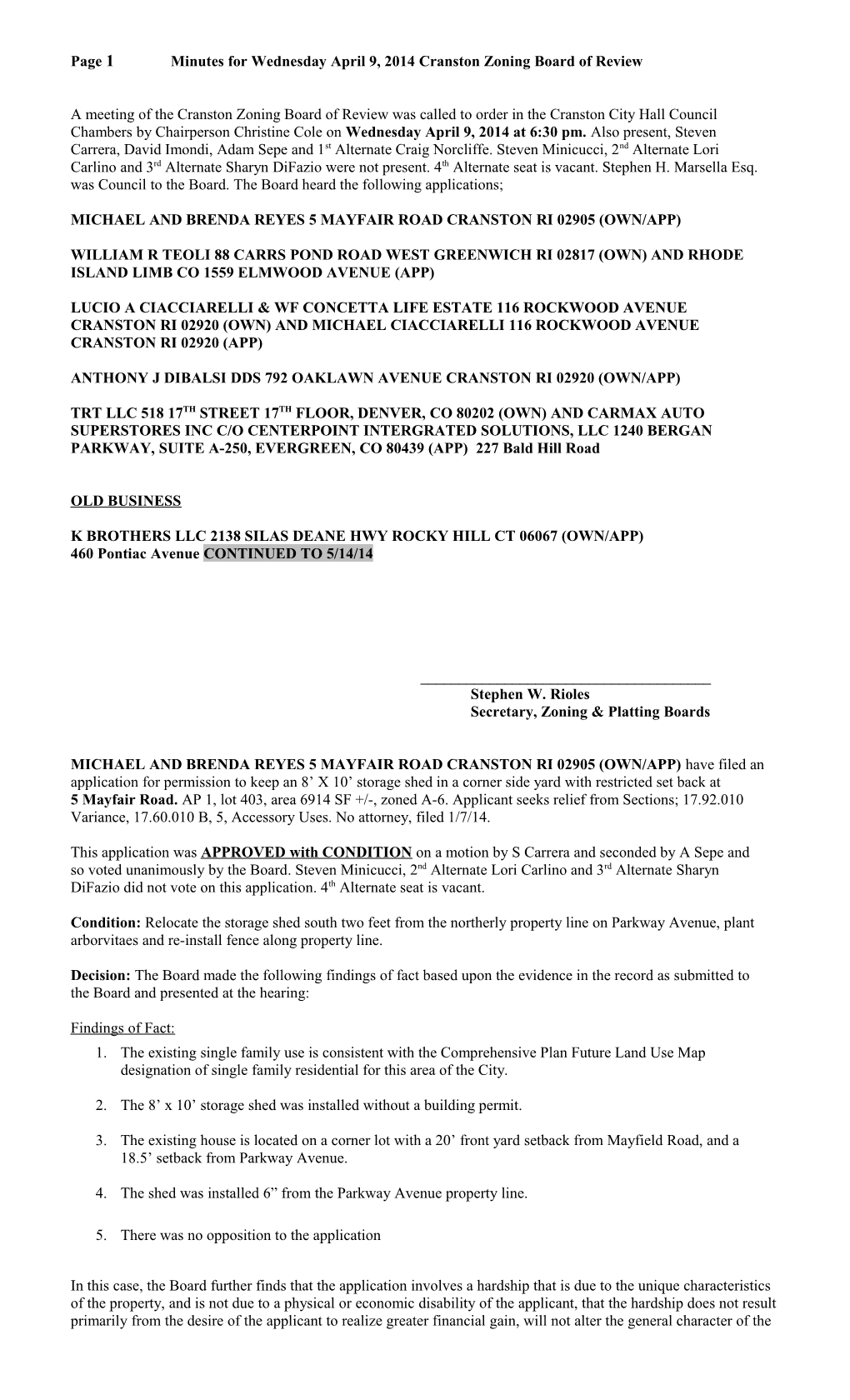 Page 3 Minutes for Wednesday April 9, 2014 Cranston Zoning Board of Review