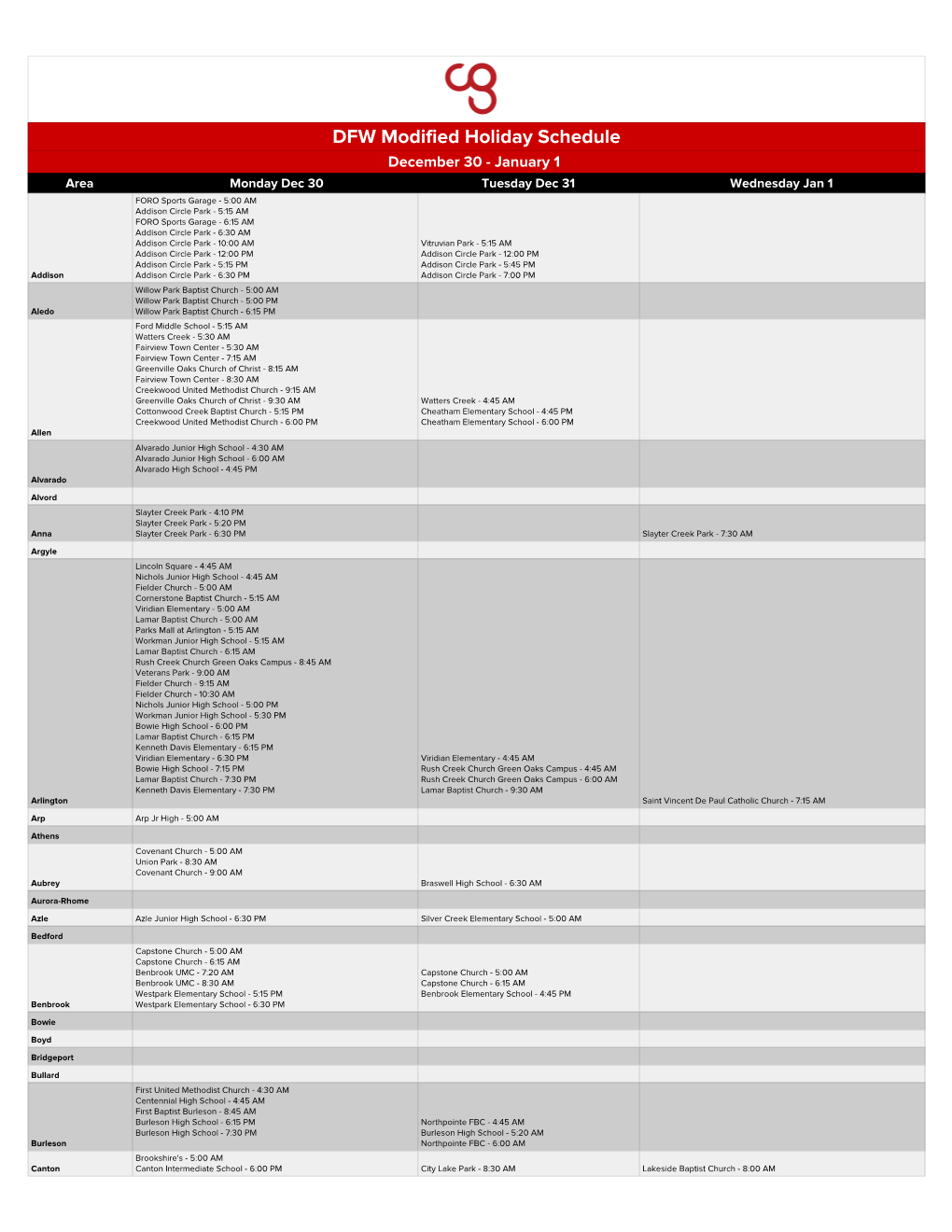 2019 Holidays / Extended BOLD Week Schedule