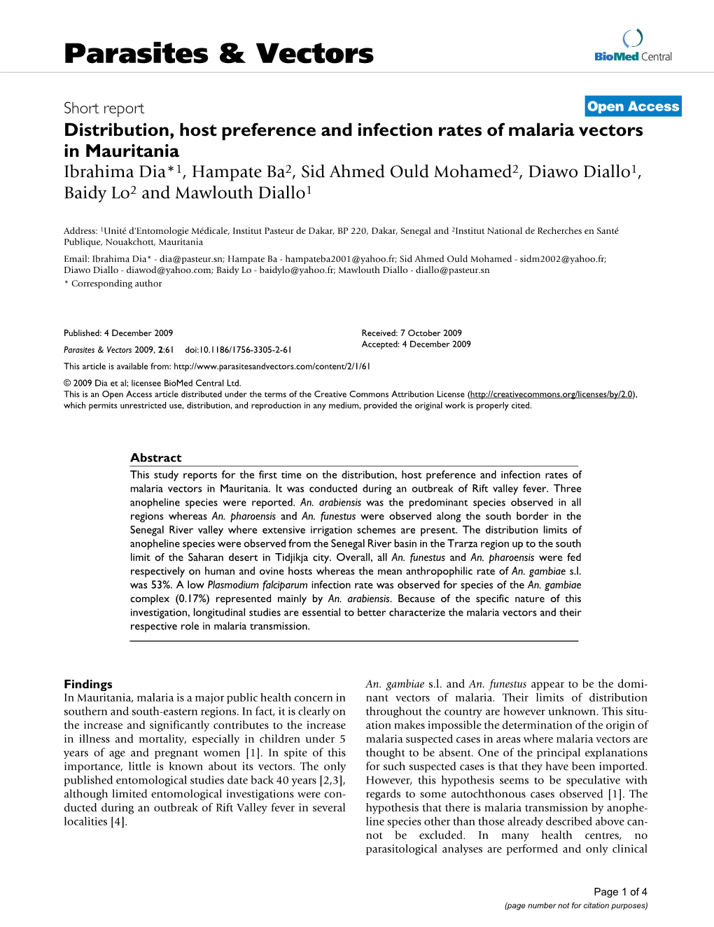 Distribution, Host Preference and Infection Rates of Malaria Vectors in Mauritania