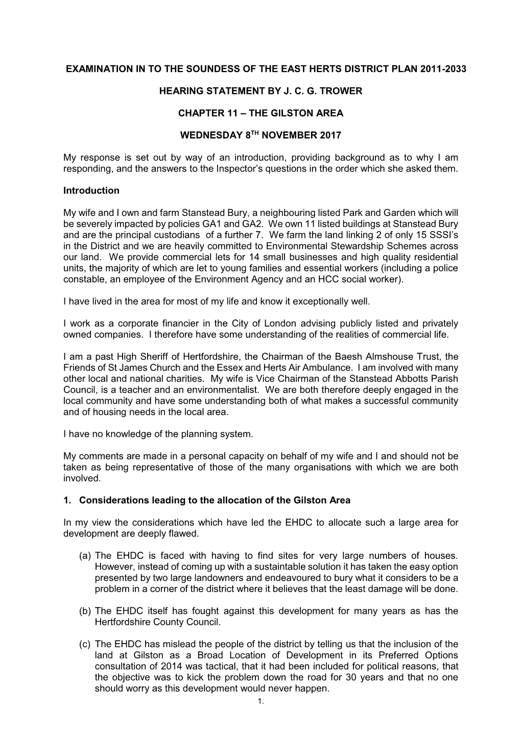 Examination in to the Soundess of the East Herts District Plan 2011-2033 Hearing Statement by J. C. G. Trower Chapter 11 –