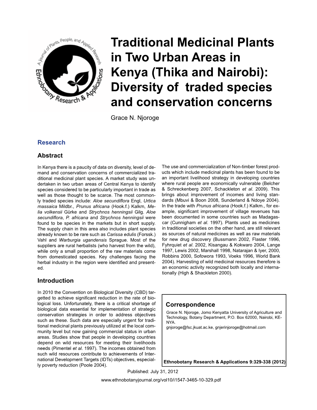 Traditional Medicinal Plants in Two Urban Areas in Kenya (Thika and Nairobi): Diversity of Traded Species and Conservation Concerns Grace N