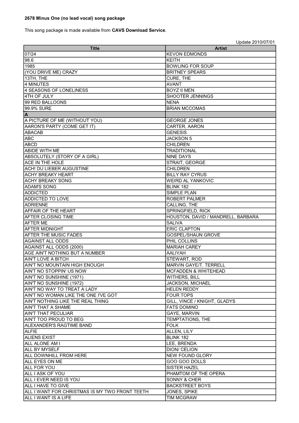 2678 Minus One (No Lead Vocal) Song Package