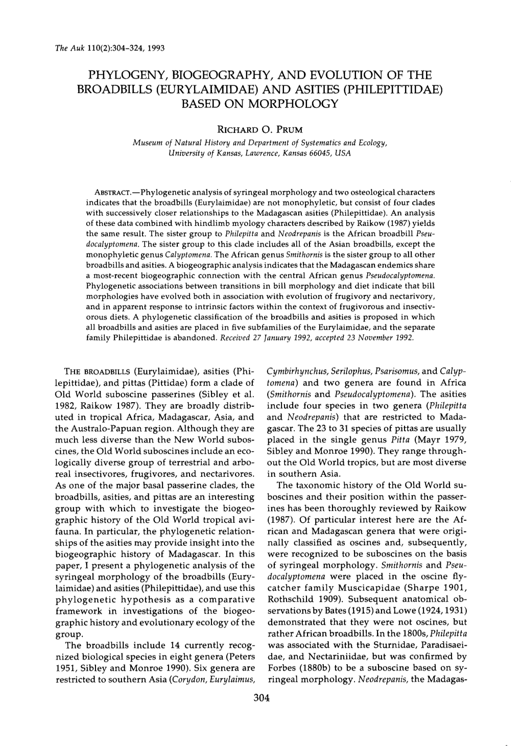 Phylogeny, Biogeography, and Evolution of the Broadbills (Eurylaimidae) and Asities (Philepittidae) Based on Morphology