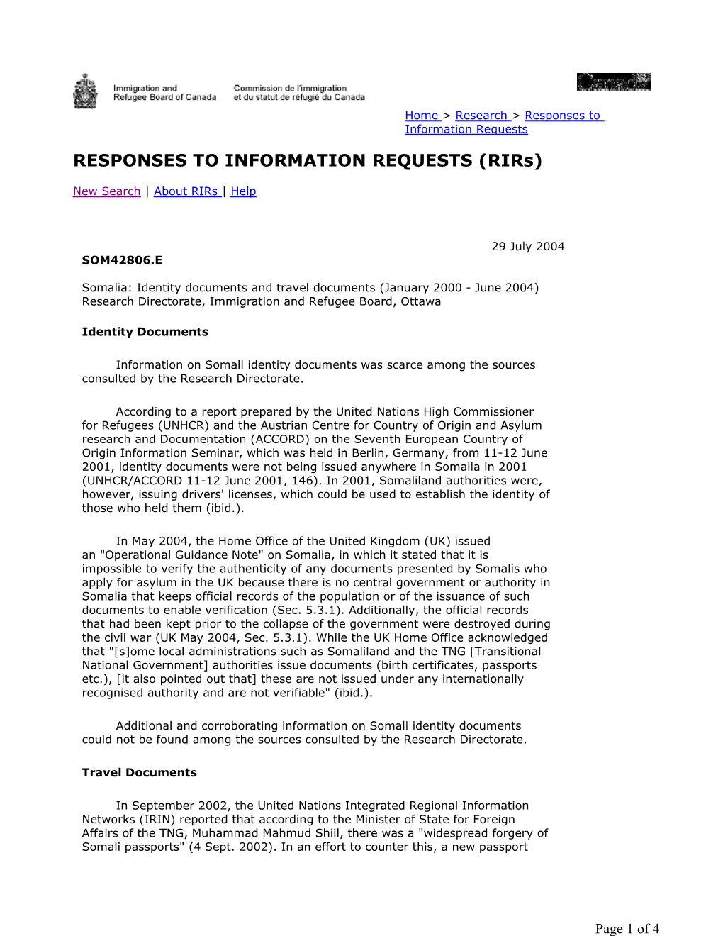 Identity Documents and Travel Documents (January 2000 - June 2004) Research Directorate, Immigration and Refugee Board, Ottawa