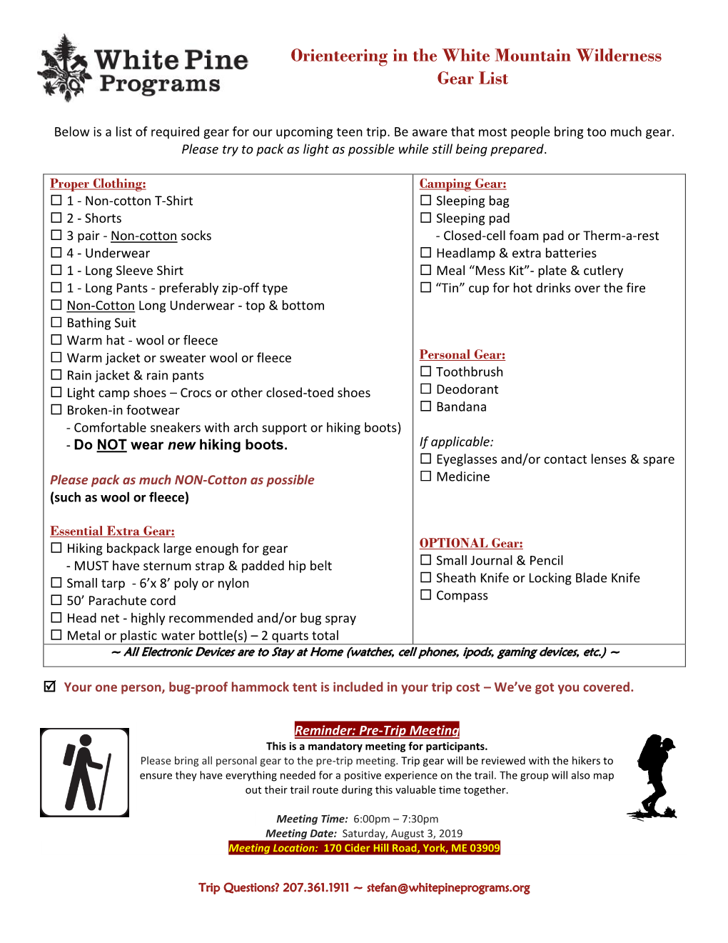 Orienteering in the White Mountain Wilderness Gear List