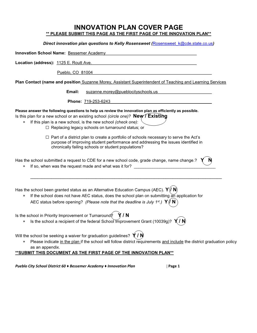 Innovation Plan Cover Page ** Please Submit This Page As the First Page of the Innovation Plan**