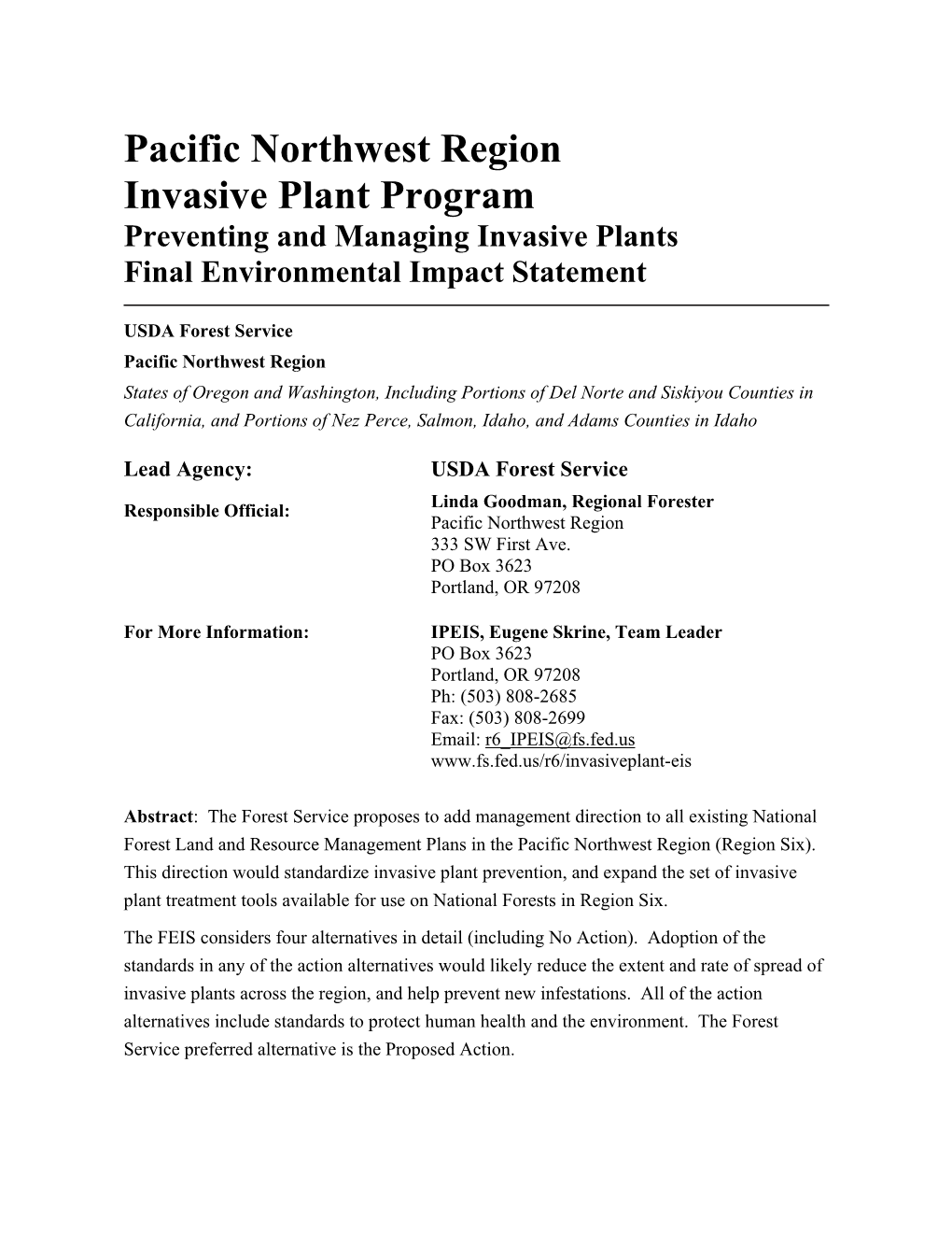 Pacific Northwest Region Invasive Plant Program Preventing and Managing Invasive Plants Final Environmental Impact Statement