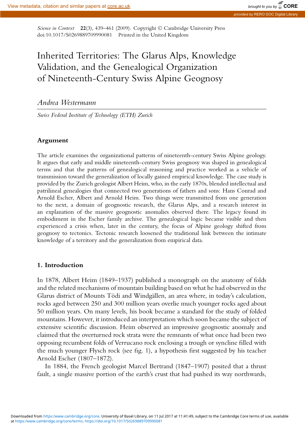 The Glarus Alps, Knowledge Validation, and the Genealogical Organization of Nineteenth-Century Swiss Alpine Geognosy