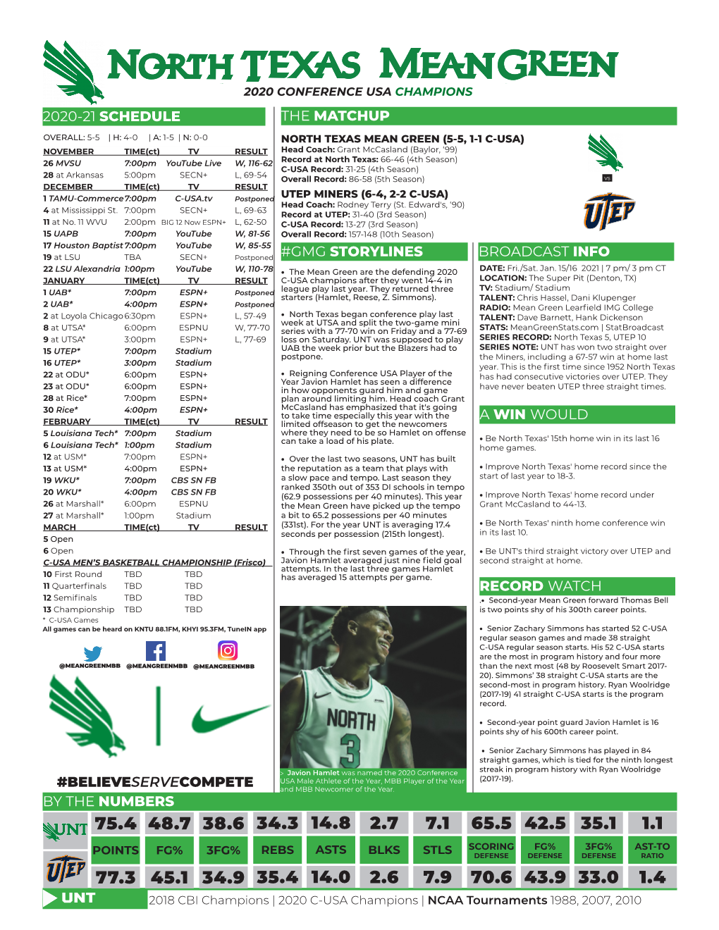 Unt 2020-21 Schedule the Matchup #Gmg Storylines