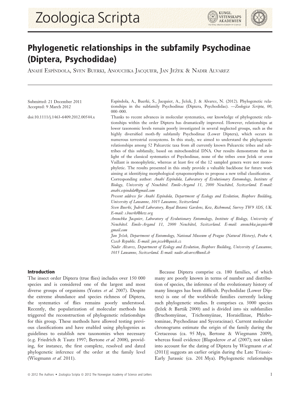 Phylogenetic Relationships in the Subfamily Psychodinae (Diptera, Psychodidae)