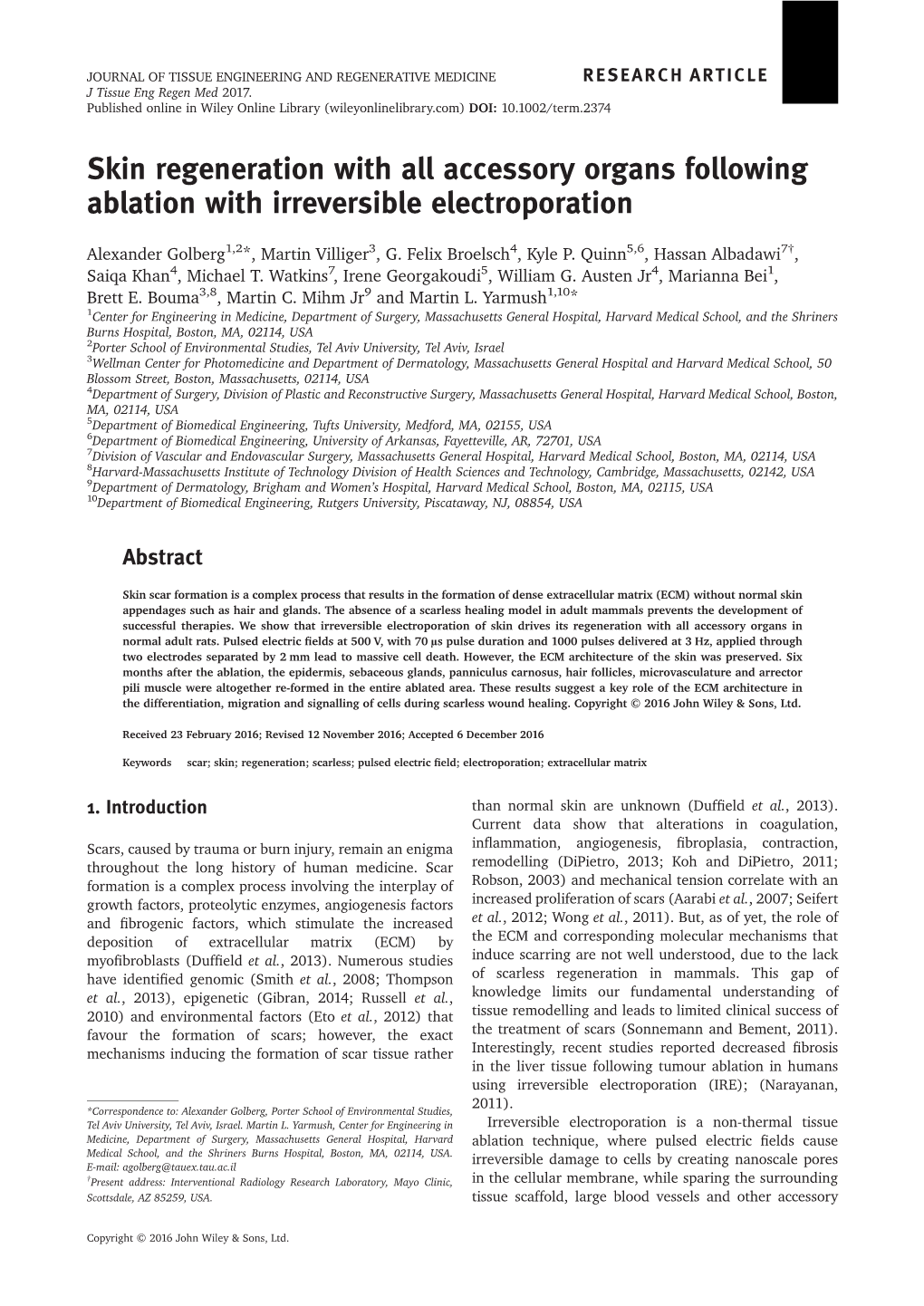 Skin Regeneration with All Accessory Organs Following Ablation with Irreversible Electroporation