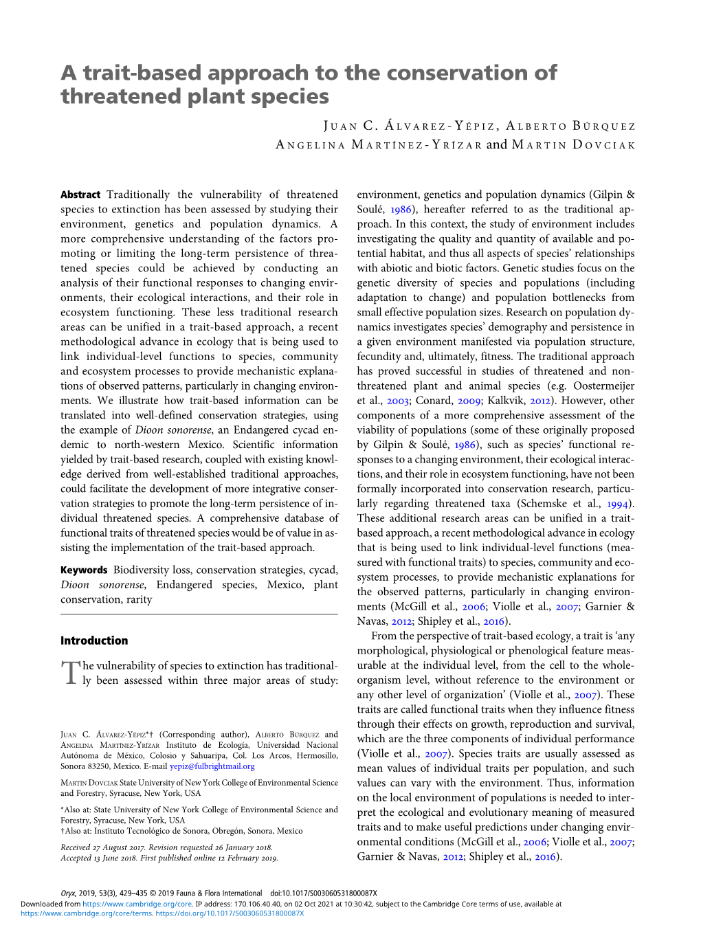 A Trait-Based Approach to the Conservation of Threatened Plant Species