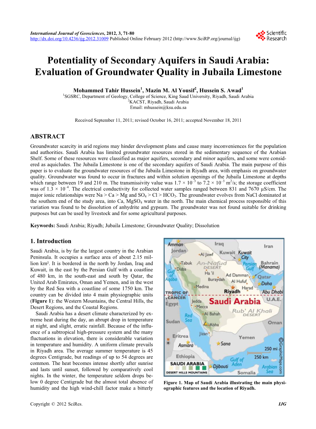 Potentiality of Secondary Aquifers in Saudi Arabia: Evaluation of Groundwater Quality in Jubaila Limestone