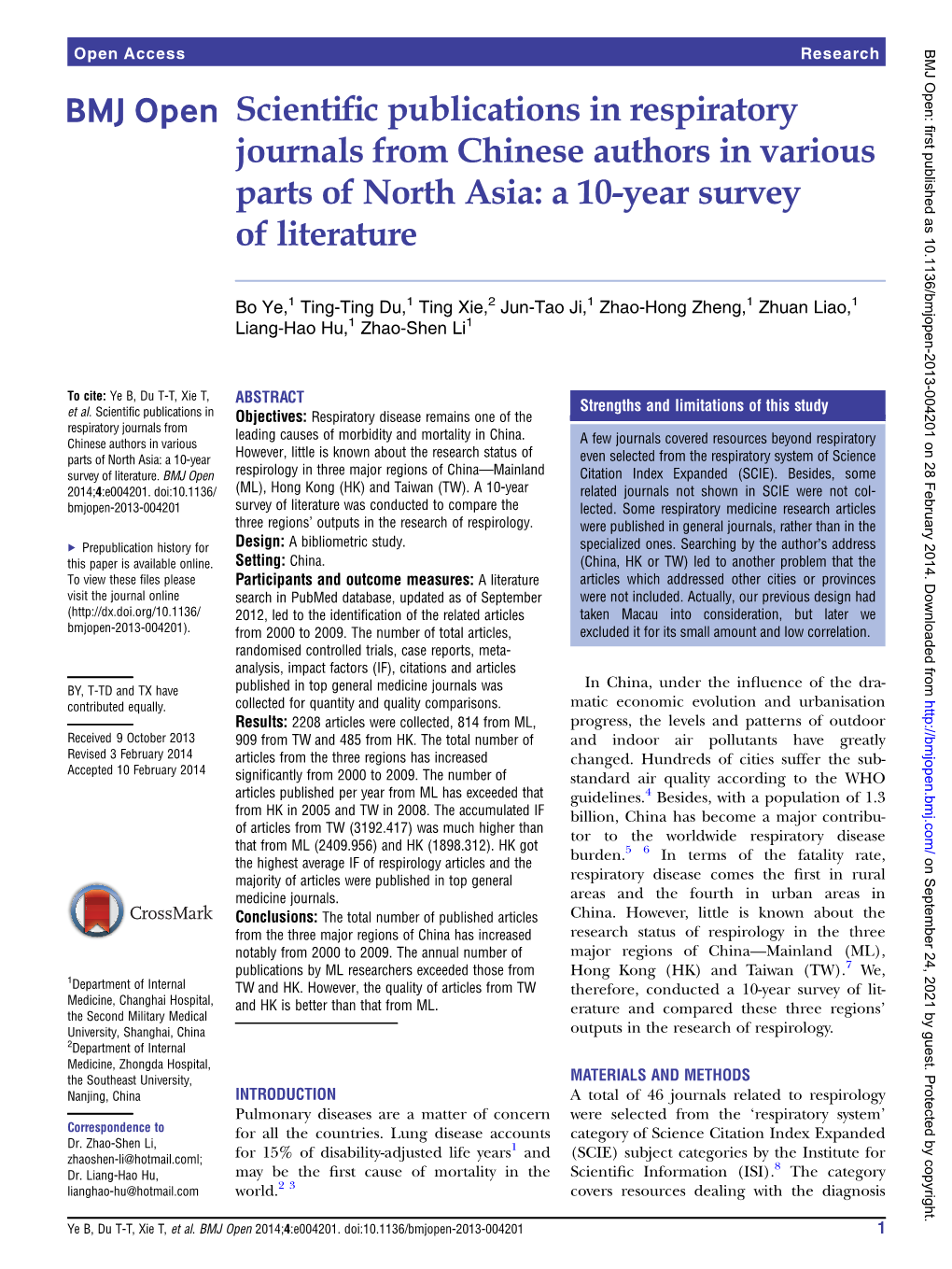 Scientific Publications in Respiratory Journals from Chinese