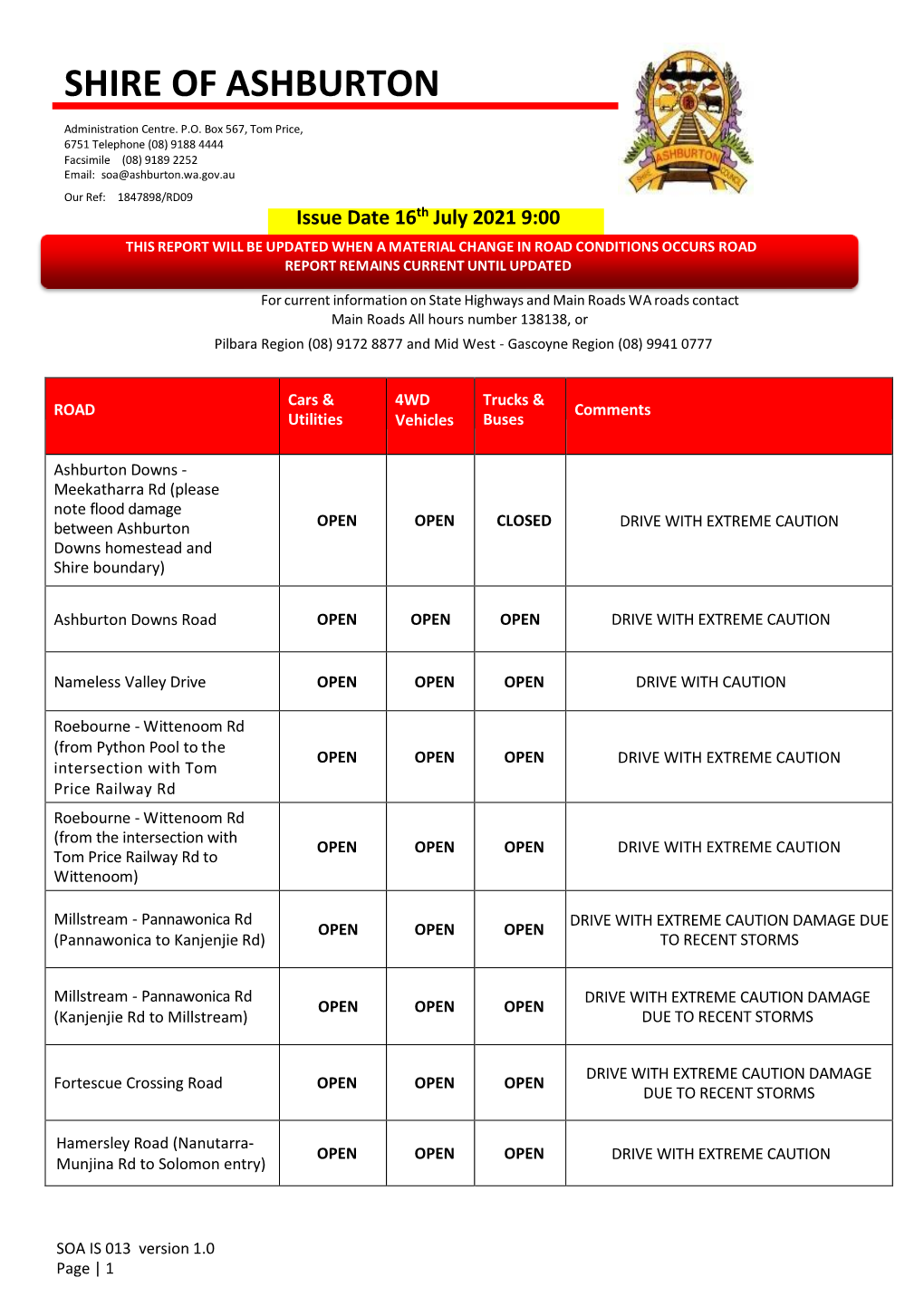 SOA IS 013 Version 1.0 Page | 1 Hamersley Road (Solomon Entry OPEN OPEN OPEN DRIVE with EXTREME CAUTION to Rio Rail Access Road)